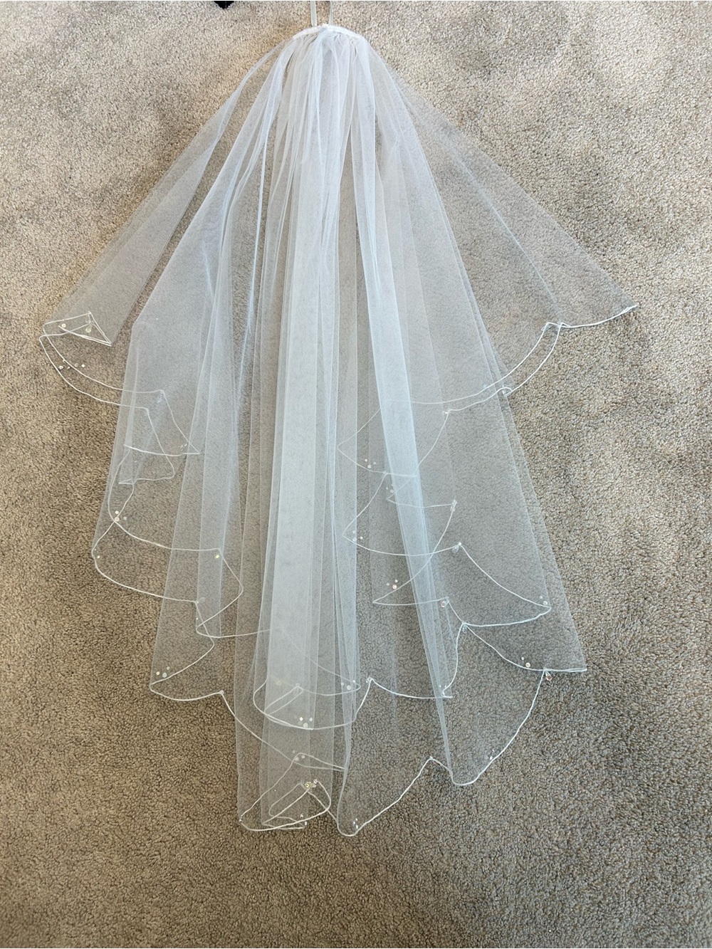 Two-Tier White Bridal Veil with Scalloped Beaded Edge Aurora rhinestone crystals